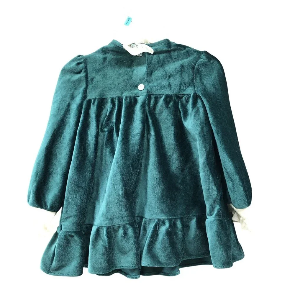 Vintage Girls 24M Velvet Dress Long‎ Sleeve Ruffle Collared Jewel Green Holiday